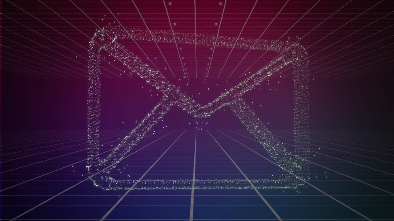 보라색 그라디언트 배경에 대한 그리드 네트워크에서 메시지 아이콘의 애니메이션