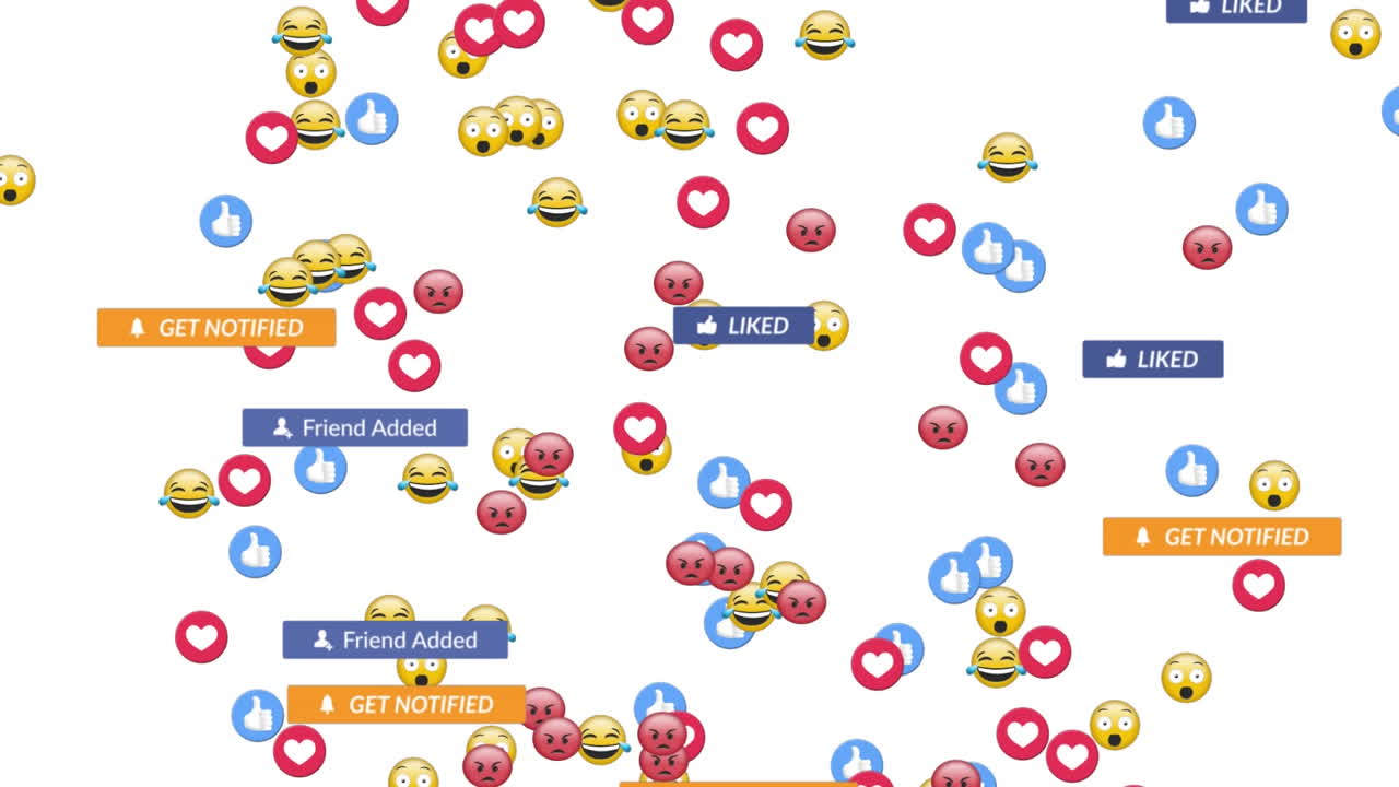 ⁇ 색 배경 위에 떨어지는 소셜 미디어 아이콘과 이모티콘의 애니메이션