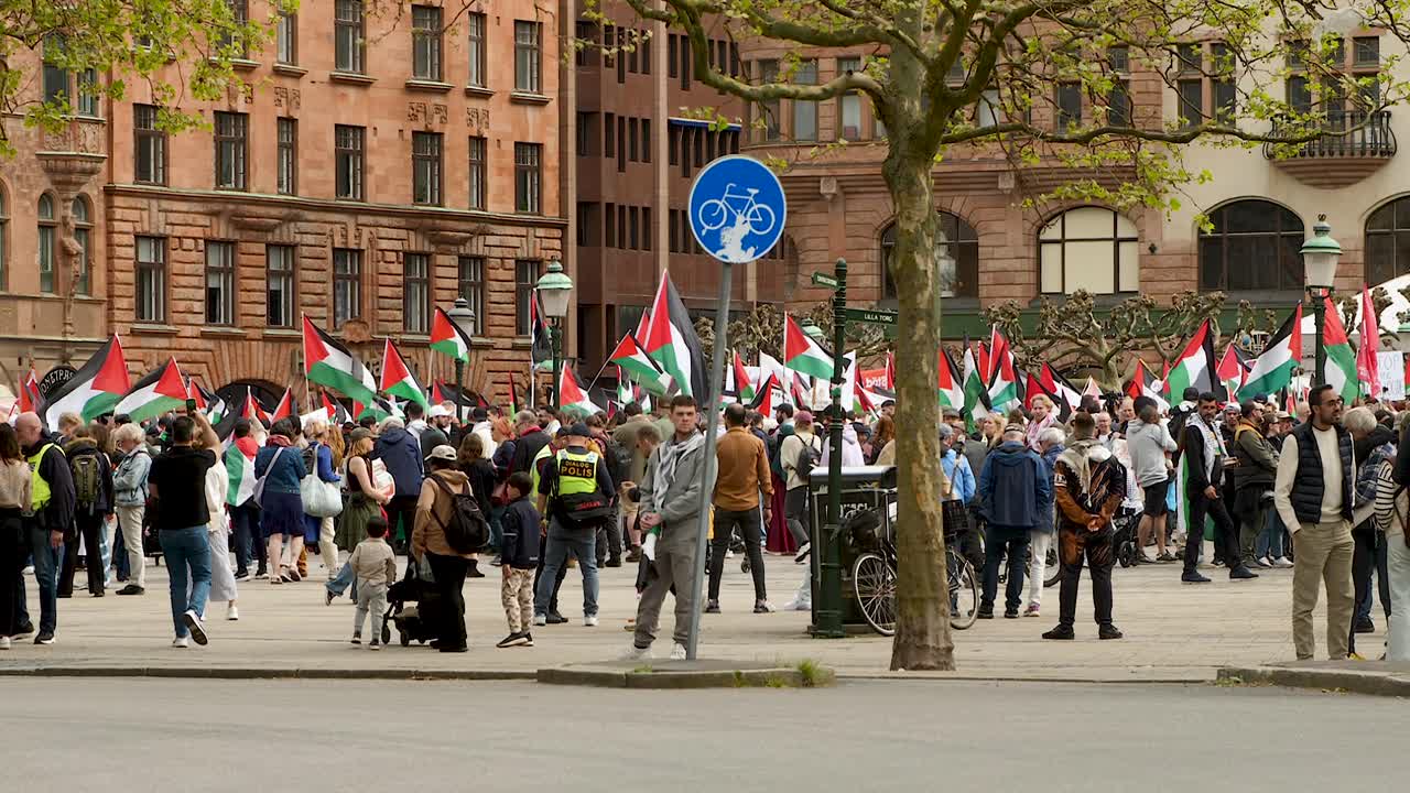 Pro Palestine protesters march against Israel’s Eurovision participation in Malmö (Sweden), calling for a ceasefire on the war in Gaza, Eurovision song contest 2024, wide handheld shot