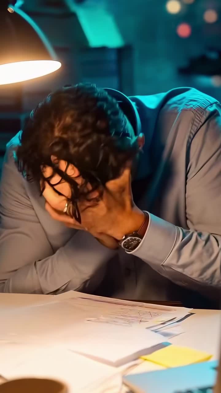 Un uomo concentrato lavora fino a tardi alla scrivania, ripreso con un'inquadratura ravvicinata, perfetto per un video