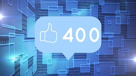Animation-of-blue-speech-bubble-with-thumbs-up-icon-and-numbers-growing