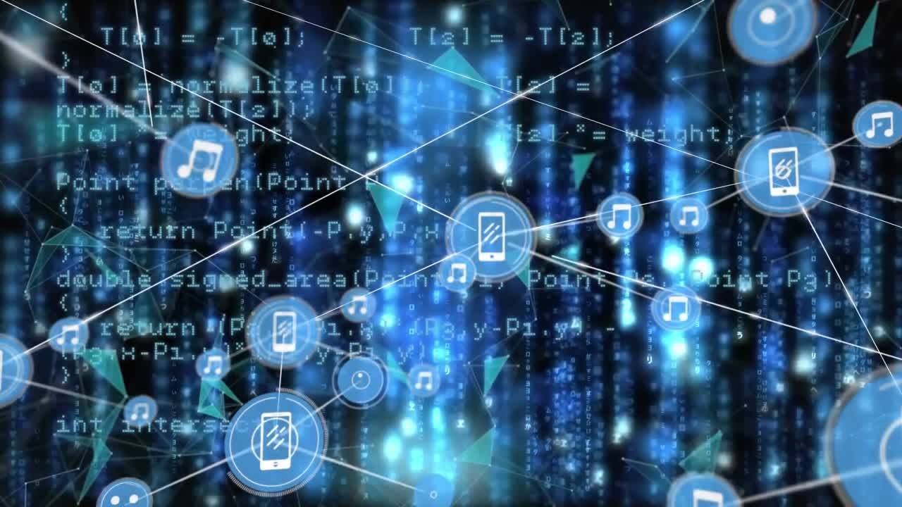 Animation of network of connections with icons over data processing on black background