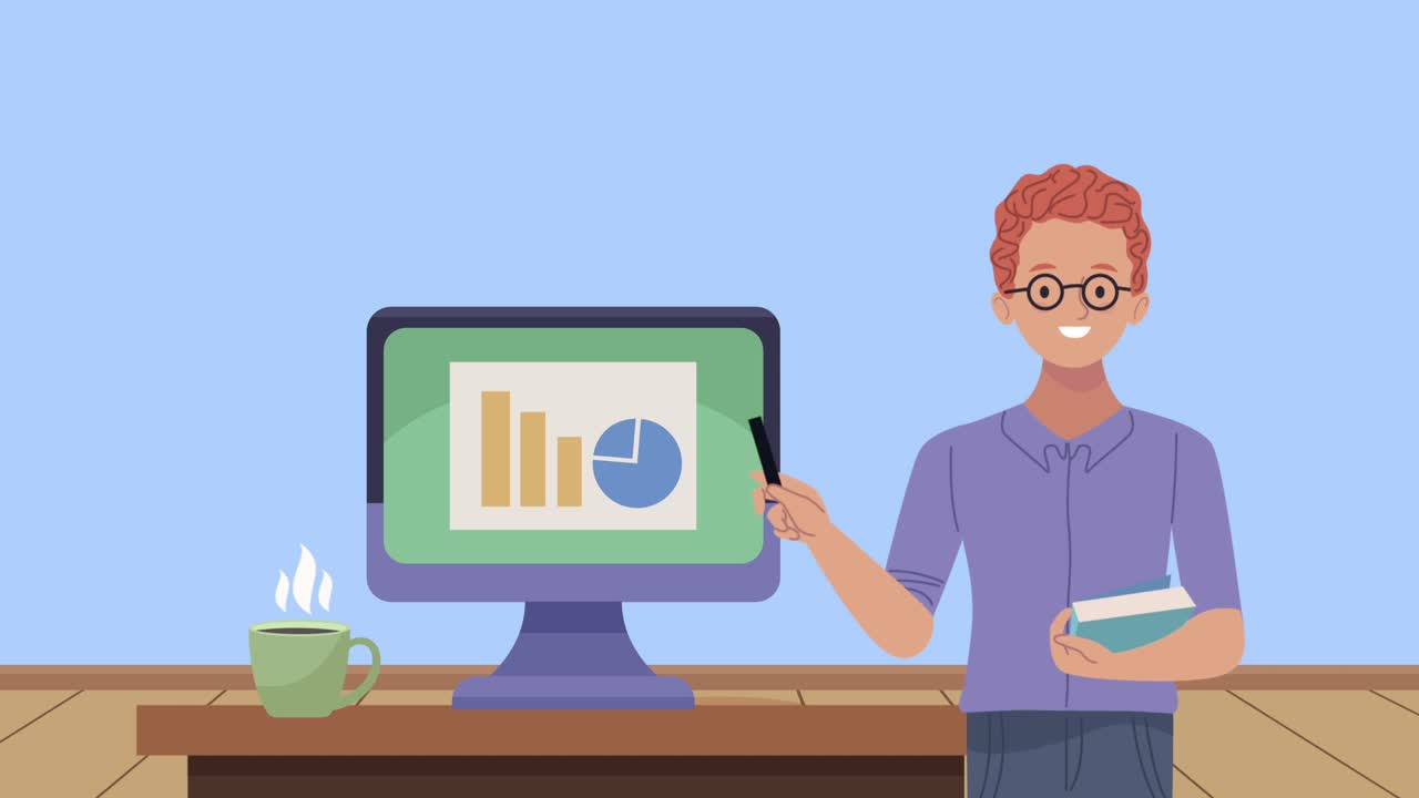 young man teaching with desktop animation
