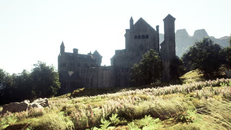 a majestic medieval castle stands tall on a grassy hill, surrounded by a lush forest and towering mountains.