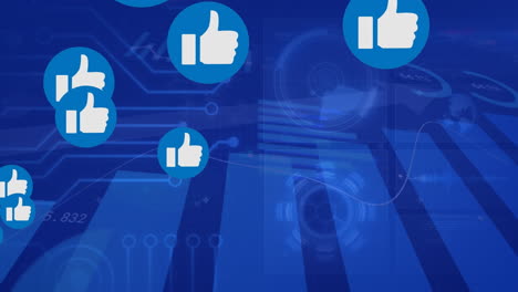 animación de iconos similares flotando sobre la interfaz con procesamiento de datos contra un fondo azul