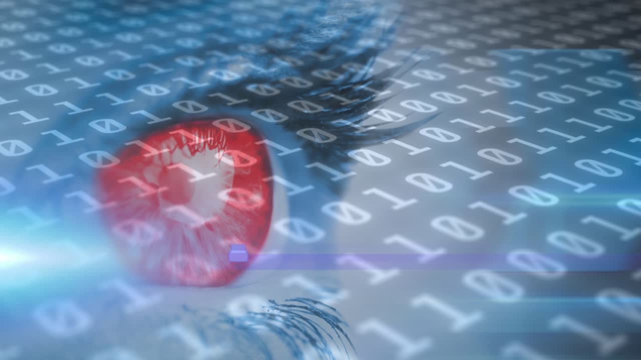 animación del procesamiento de datos de codificación binaria sobre el ojo de la mujer