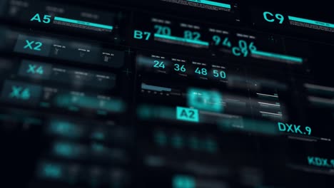 Futuristic user interface HUD GUI digital text number element for cyber technology concept with shallow depth of field dark and grain processed