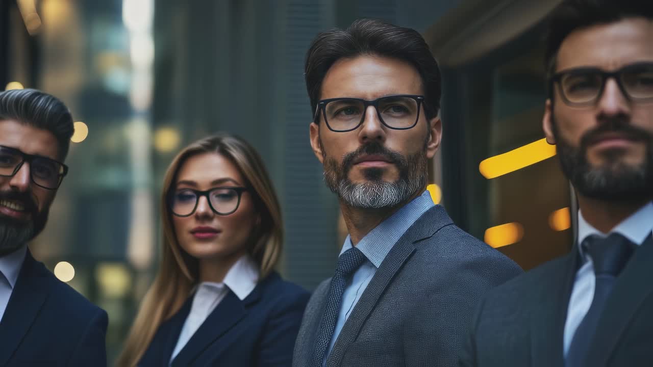 Business team standing together looking confidently towards the future, representing teamwork, leadership, and success in the corporate world