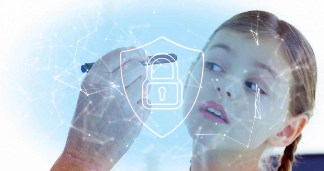 Erwachsenenhand tritt in Zeichenfeld ein, während Mädchen den Stylus nachverfolgt, Knoten scannen für biometrische Überprüfung