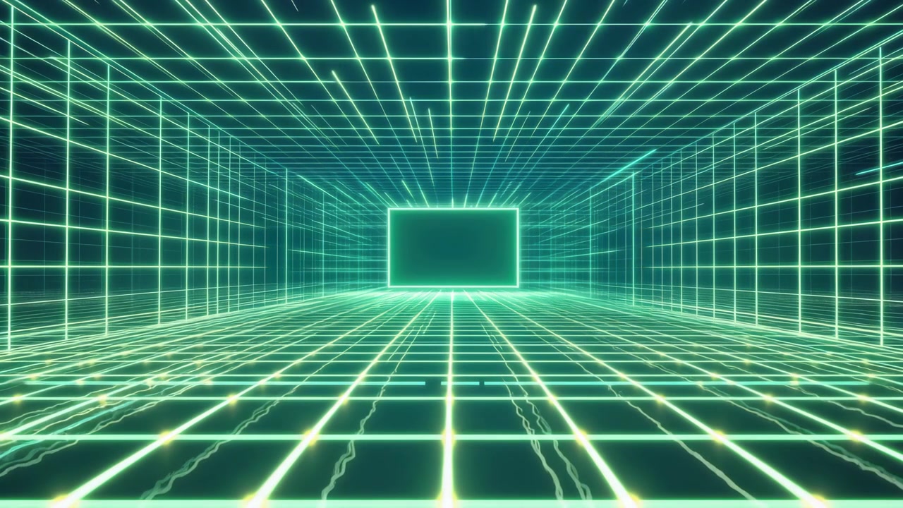 Tunnel futuristico a griglia digitale con linee al neon luminose