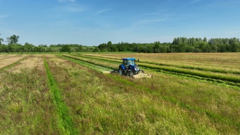 Blue-Tractor-Mowing-Large-Grass-Meadow,-Circulating-Aerial,-Close-Up-Transitioning-to-Wide-Angle-,-Blue-Sky,-Sunny-Day