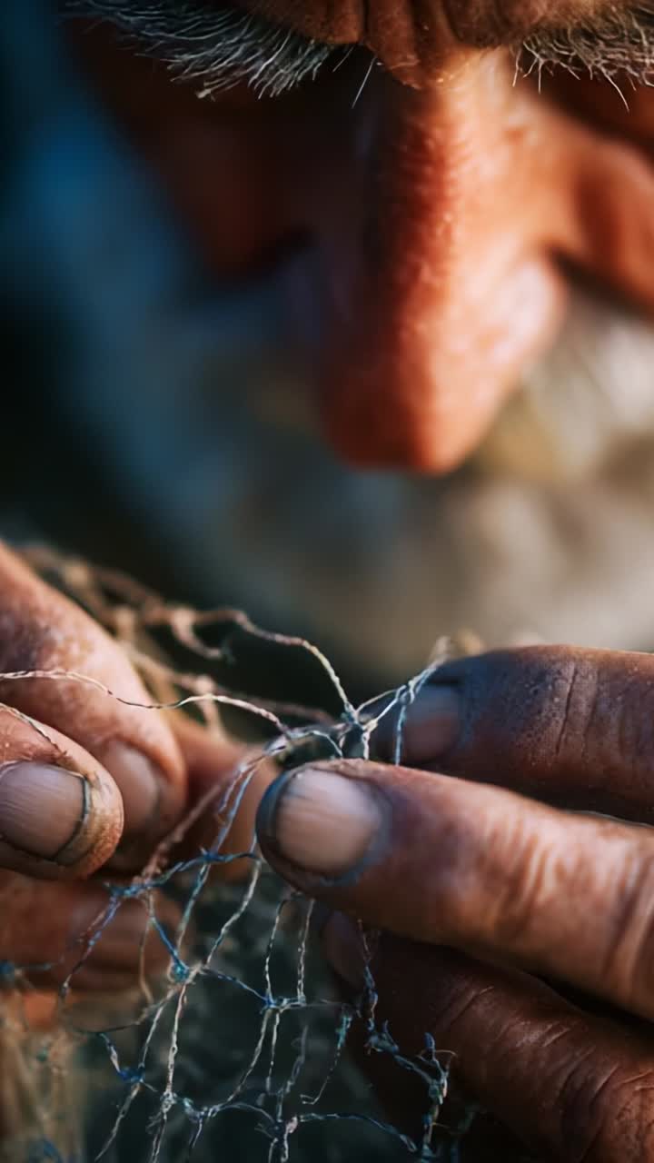 Skilled Artisan Knotting Fishing Net with Care: Close-Up of Weathered Hands and Facial Features Highlighting Craftsmanship and Attention to Detail in Every Stitch