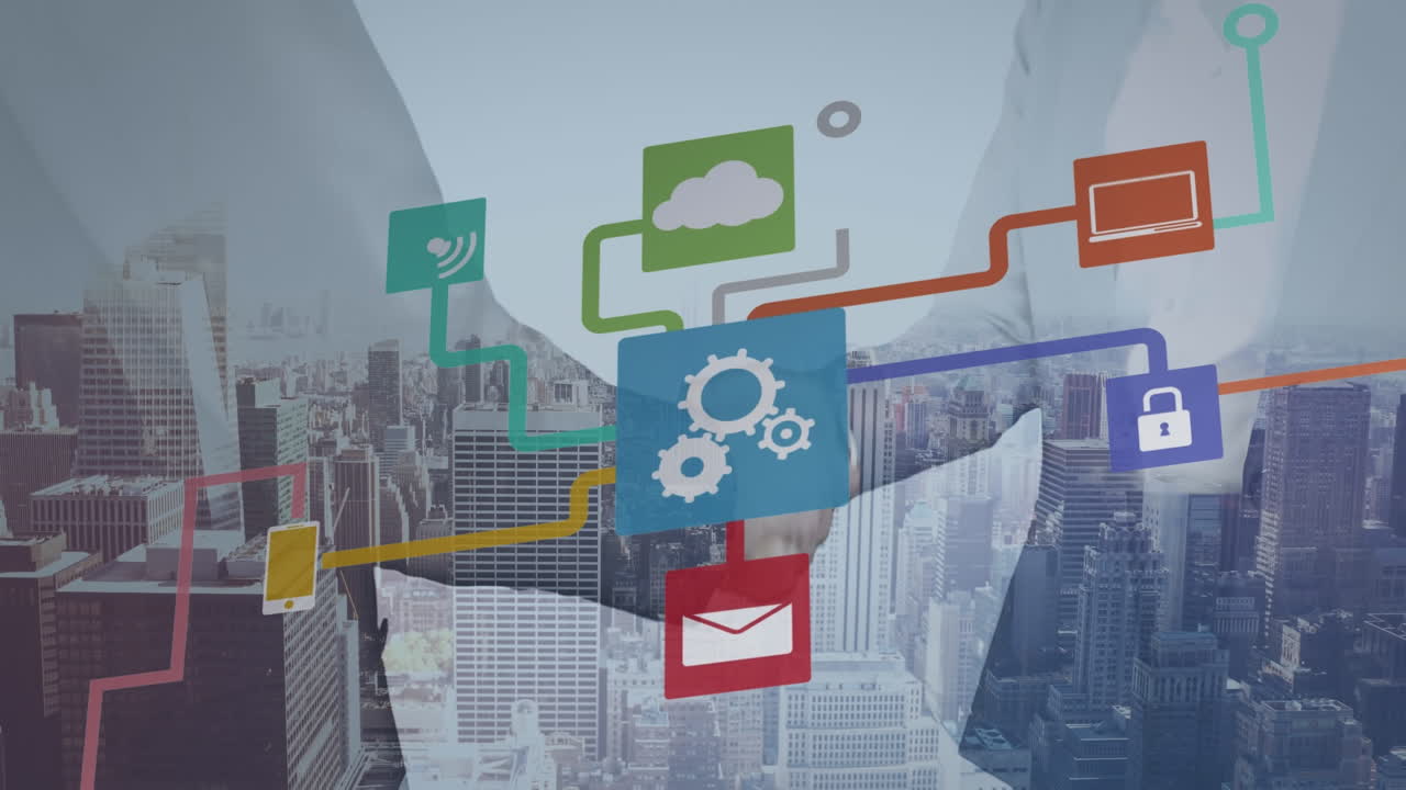 미디어 아이콘과 백인 사업가들이 도시 풍경에서 손을 흔들고 있는 애니메이션