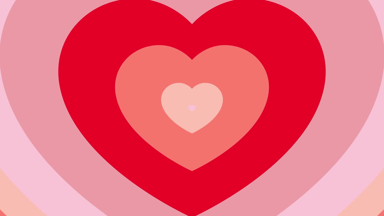 Semplice decorazione festiva con forme di cuore rosa, rosse e bordeaux che si ingrandiscono. Sfondo animato in loop con grafica in movimento minimale