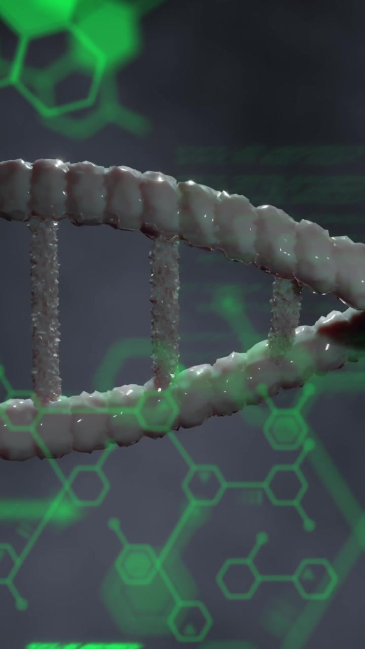 Animation of dna rotating over chemical formulas and data processing on grey background