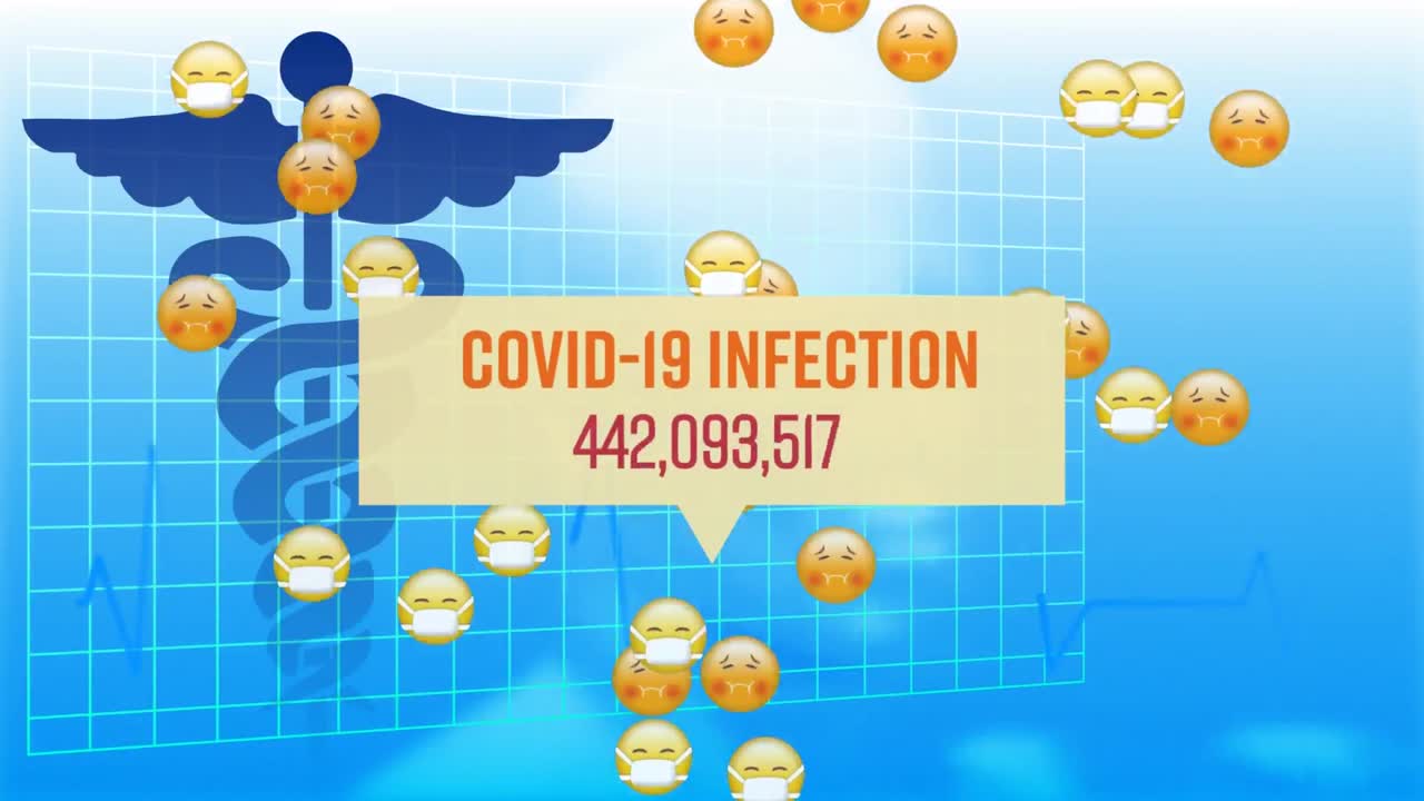 코로나19 감염의 애니메이션과 파란색 배경에서 증가하는 숫자.