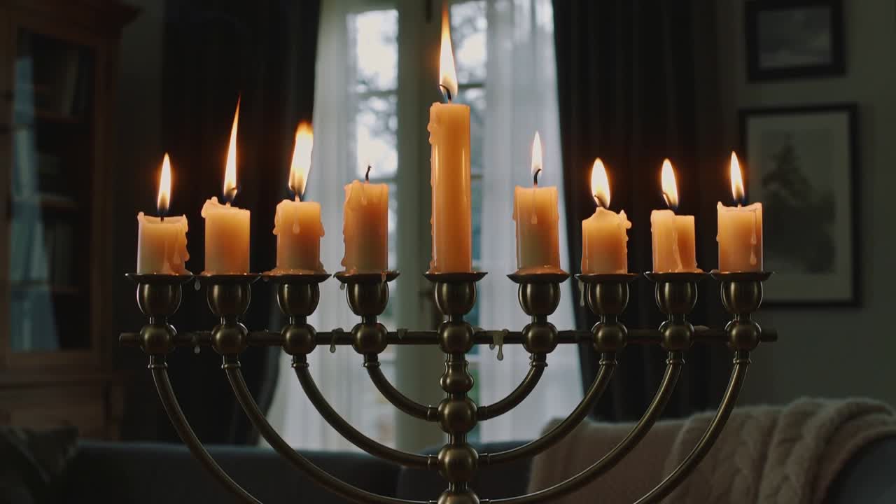 Recording brass menorah candles flickering and dripping wax on table in living room beside curtains