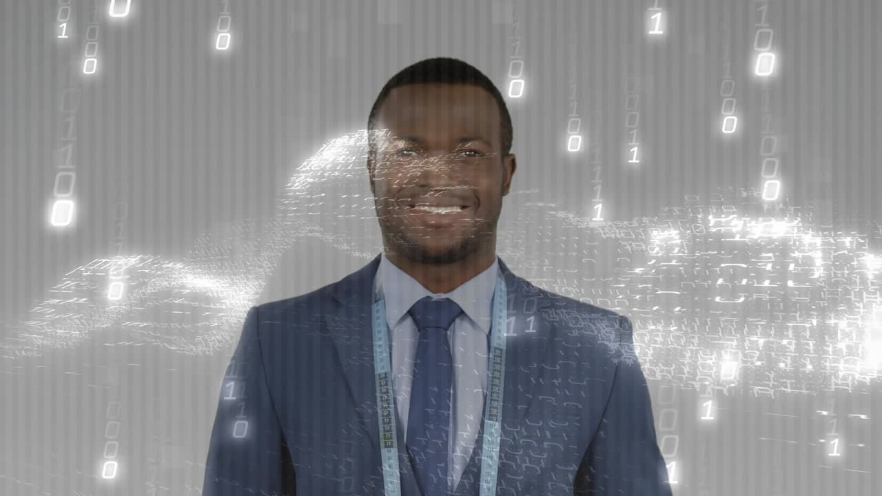 Businessman raising hands, manipulating binary code, revealing tape measure, showcasing technology