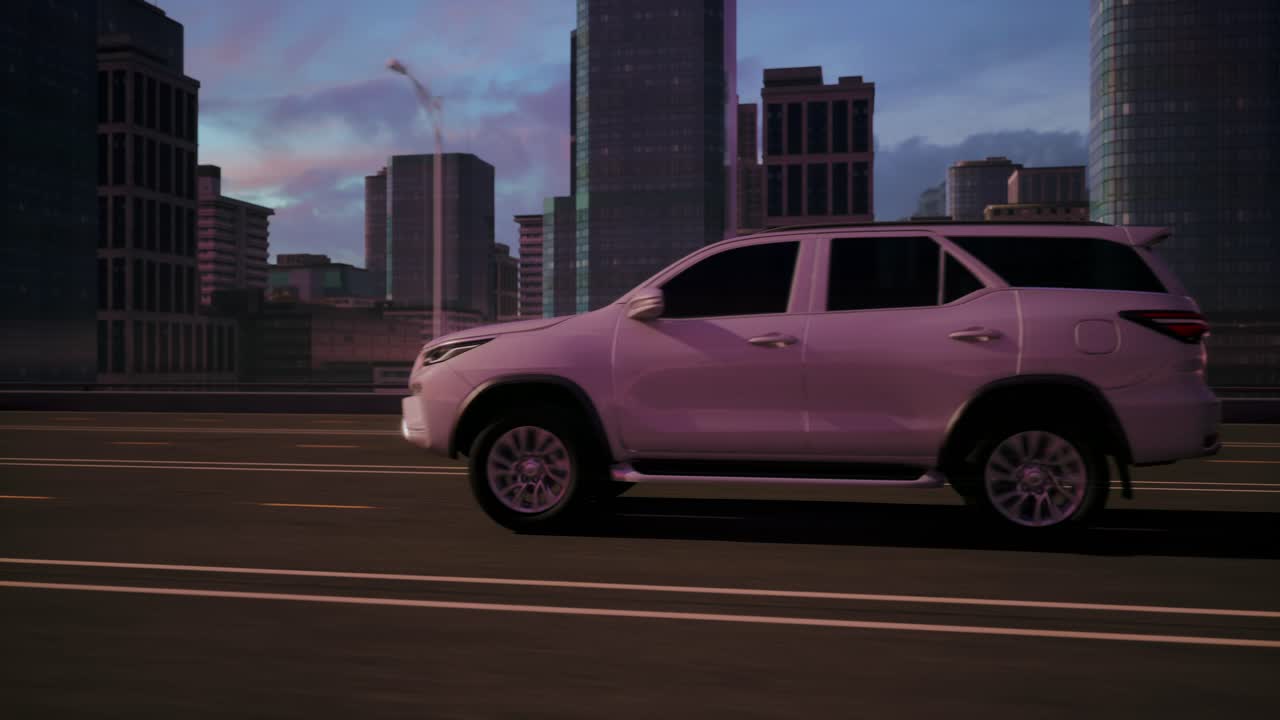 รถ SUV สมัยใหม่กำลังขับเคลื่อนผ่านทิวทัศน์เมืองยามพระอาทิตย์ตกดิน