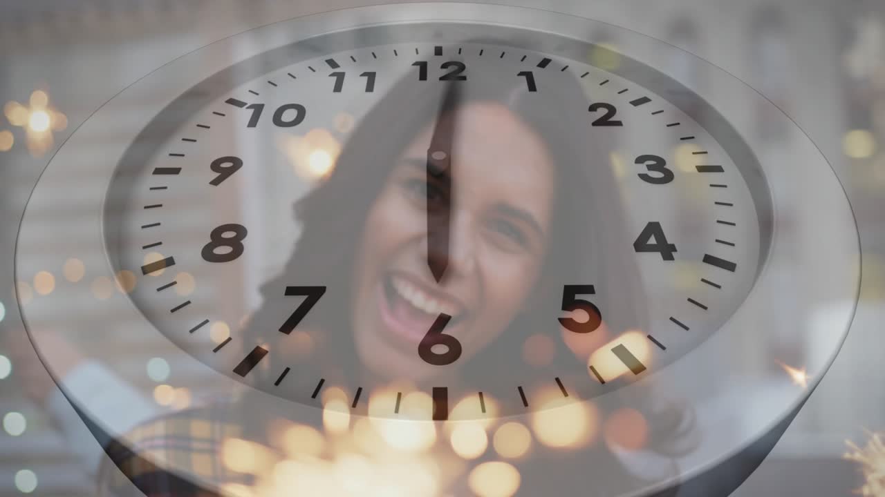 Clock rotating, woman smiling, laughing while clock and sparks overlaying face marking brand time
