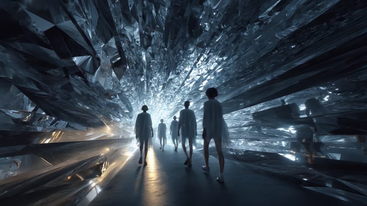 People walking through a futuristic crystal cave