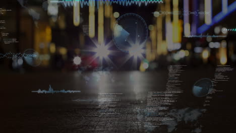 animation of round scanners and data processing against city traffic at night