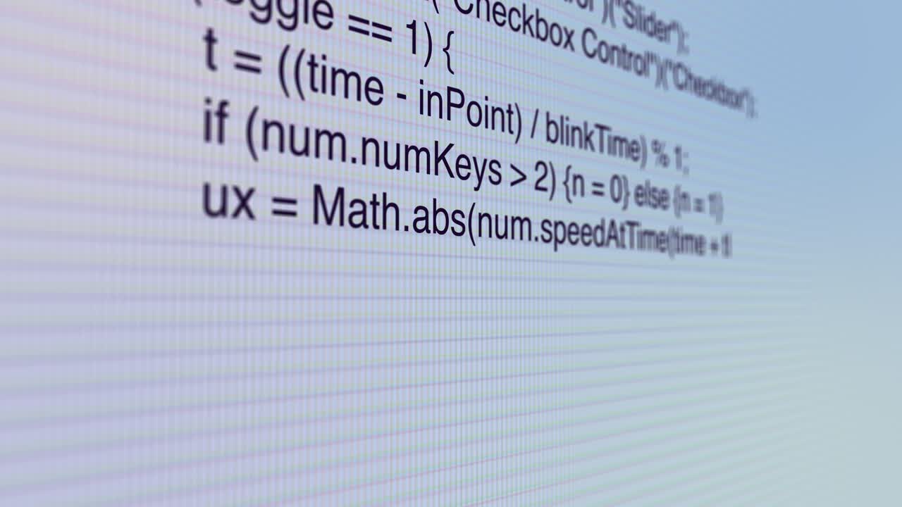 tipo de código del programa y se desplaza en la pantalla de la computadora con dof poco profundo, detalle de píxeles de cerca animación 4k.