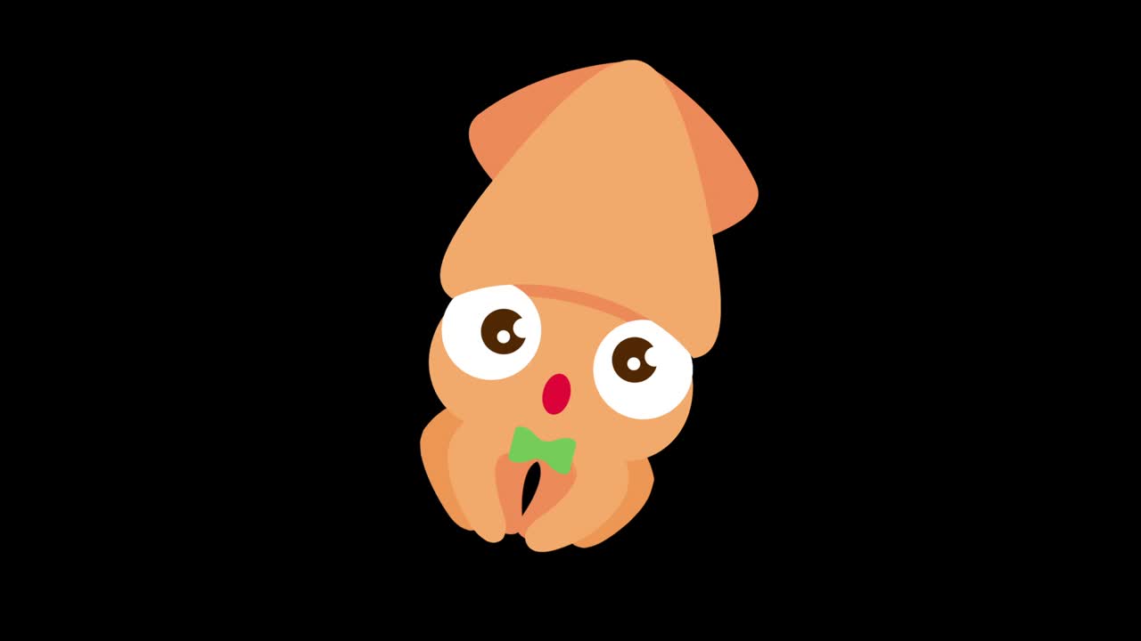 Flat design animation of cartoon cute big eyes squid with bowtie swimming. Alpha background