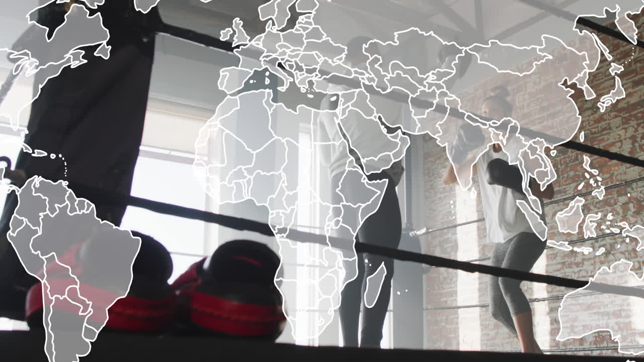 Animação de mapa-múndi sobre homem e mulher de diversas origens se exercitando em academia de boxe