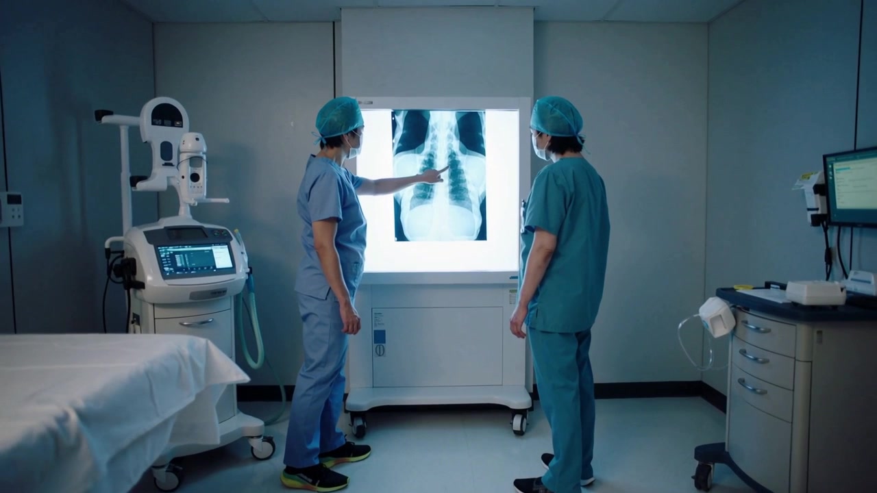 Pointing two medics in scrubs reviewing chest X-ray after viewer light in x-ray room for diagnosis