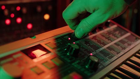 slow motion shot of a man playing keys and changing settings on a vintage synth, red and green mood