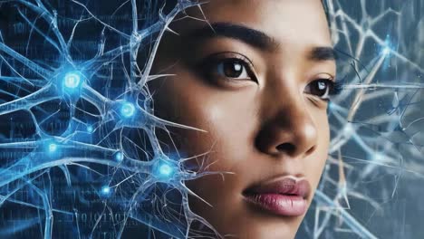 woman's profile intertwined with digital neural networks representing ai and consciousness