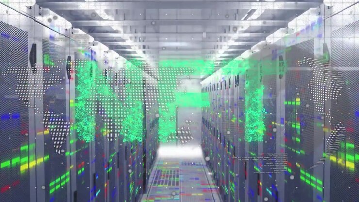Animation of data processing and nft text over server room