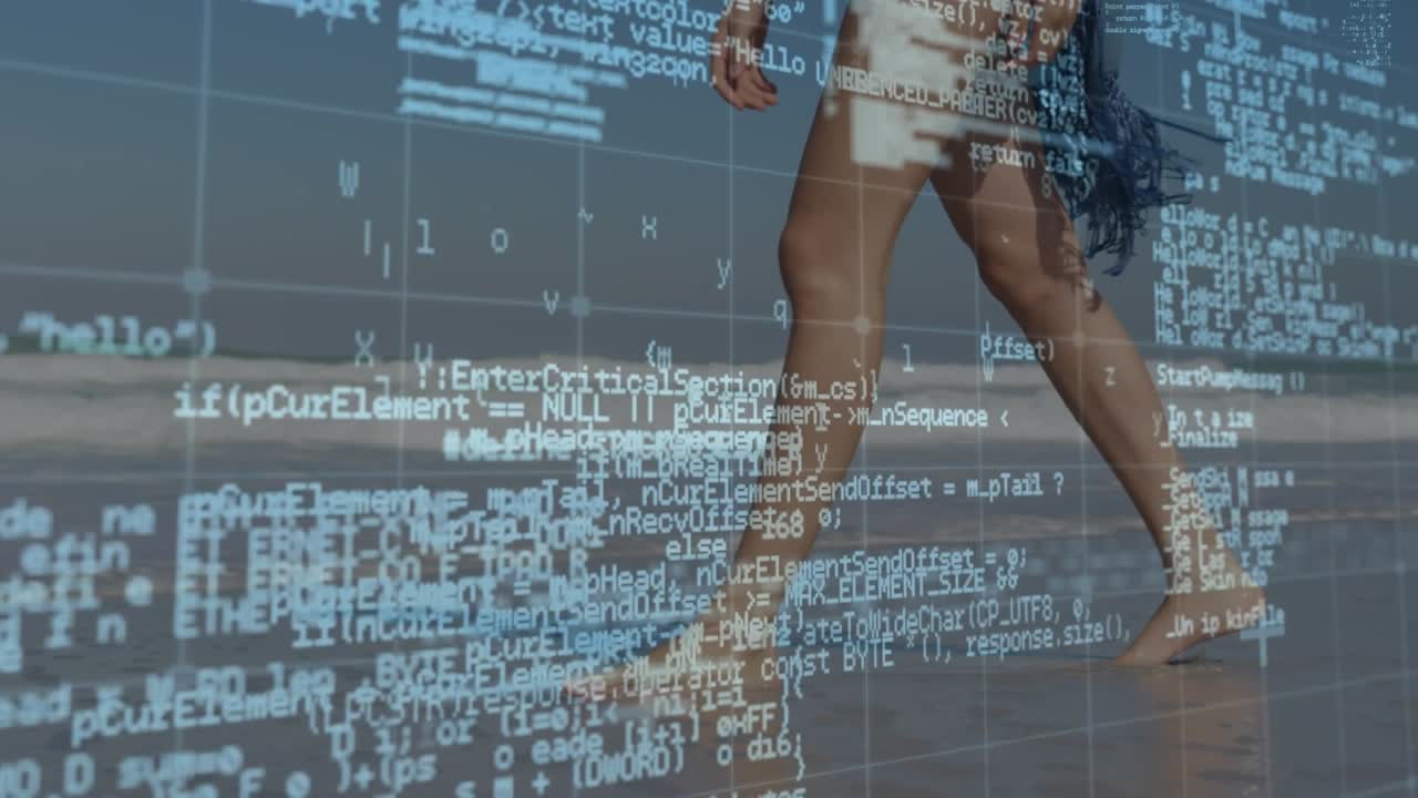 Animation of data processing over caucasian woman at beach