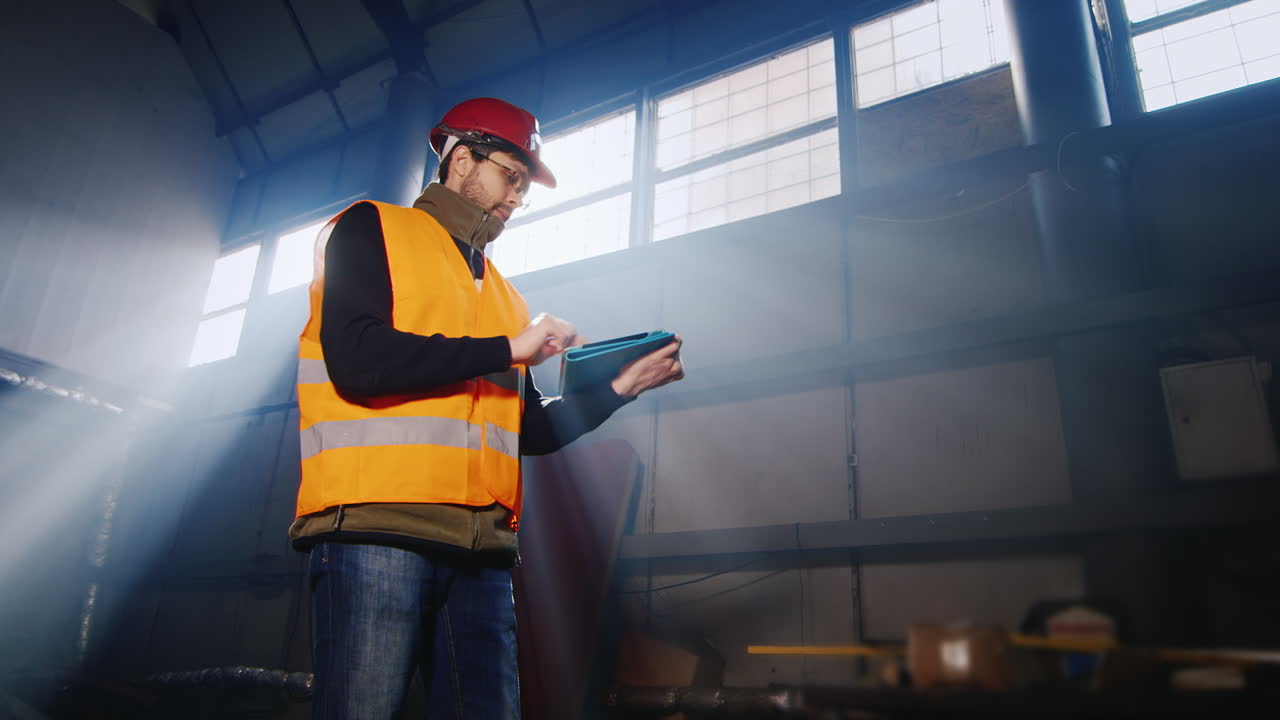 el ingeniero trabaja en un almacén y usa una tableta