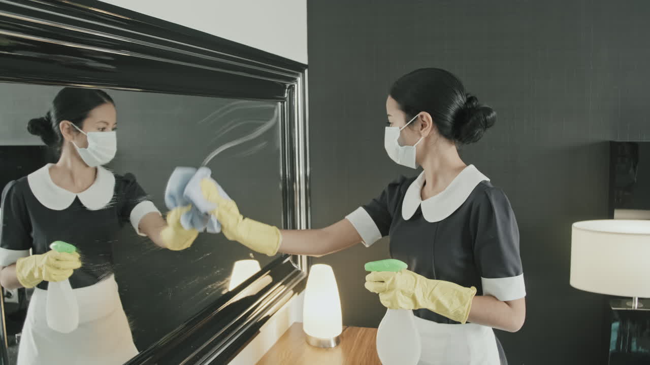 Housekeeper Cleaning TV Set in Hotel Room