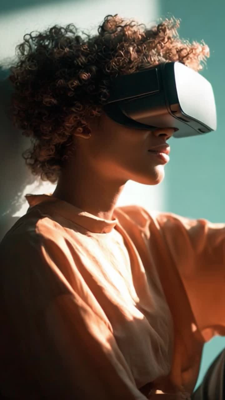 Exploring Virtual Reality: A Young Woman Immersed in a Digital World with VR Headset and Soft Natural Light Highlighting Her Features and Expression