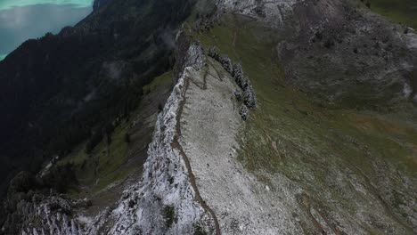 drone shot tilting up, revealing the long and massive mountain ridge covered in snow that fades away into grass fields on the steep slopes