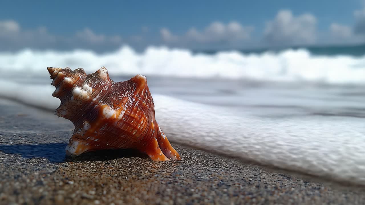 A Beautiful Seashell Resting on a Sandy Beach with Gentle Waves Lapping in the Background, Capturing the Splendor of Nature's Coastal Wonders