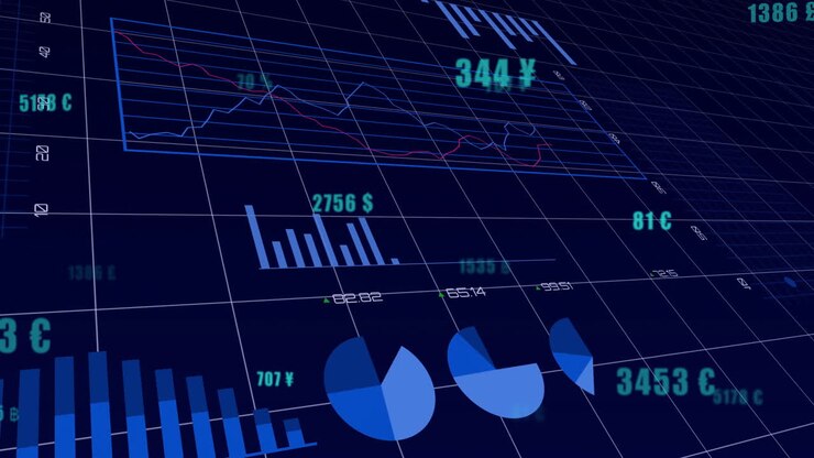 Animation of financial data charts with currency symbols on digital grid background