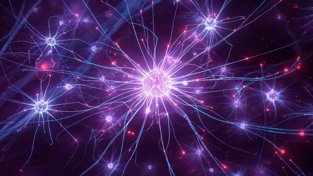 Nucleo neurale che si illumina e pulsa, inviando impulsi rossi lungo filamenti in una nebulosa viola, sincronizzando i nodi.