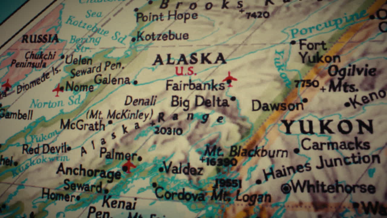 Close-up of a map showing Alaska, Yukon, and parts of Russia