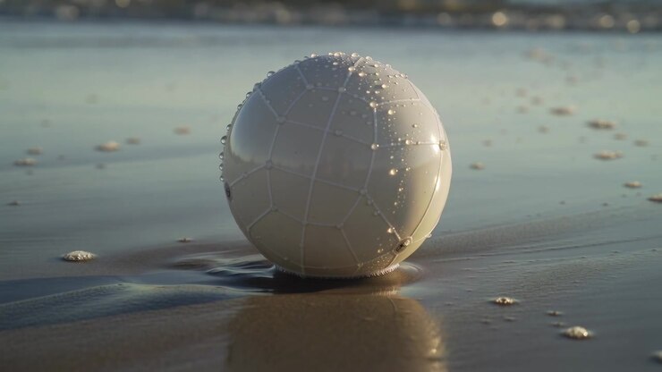 Retreating wave pulling back nudging white ball resting on wet sand at shoreline, droplets glinting