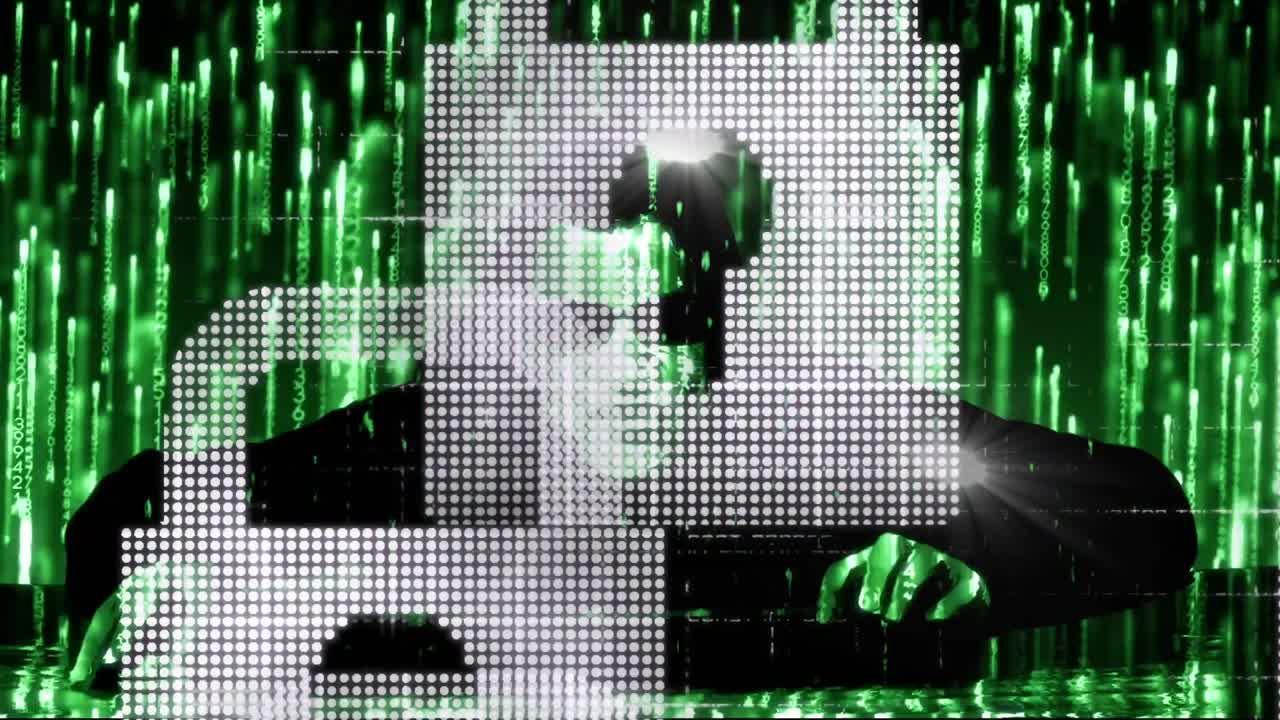 animación de la red de conexiones con iconos de seguridad de candado sobre hacker