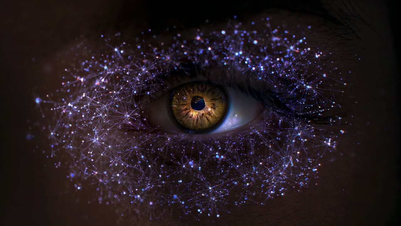 Particles appearing animating centered amber eye staying steady in dark studio, forming network