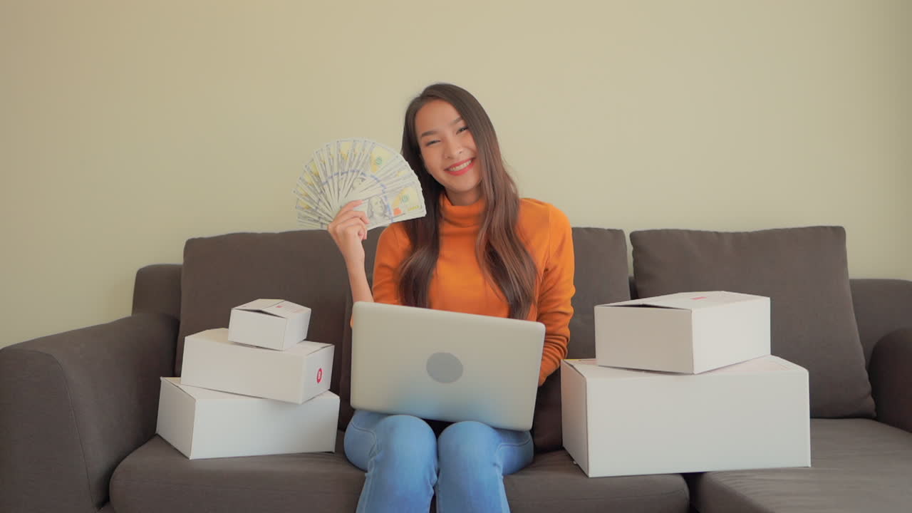 Happy Shopaholic Woman Holding Money Shopping Online. Interior, Slomo