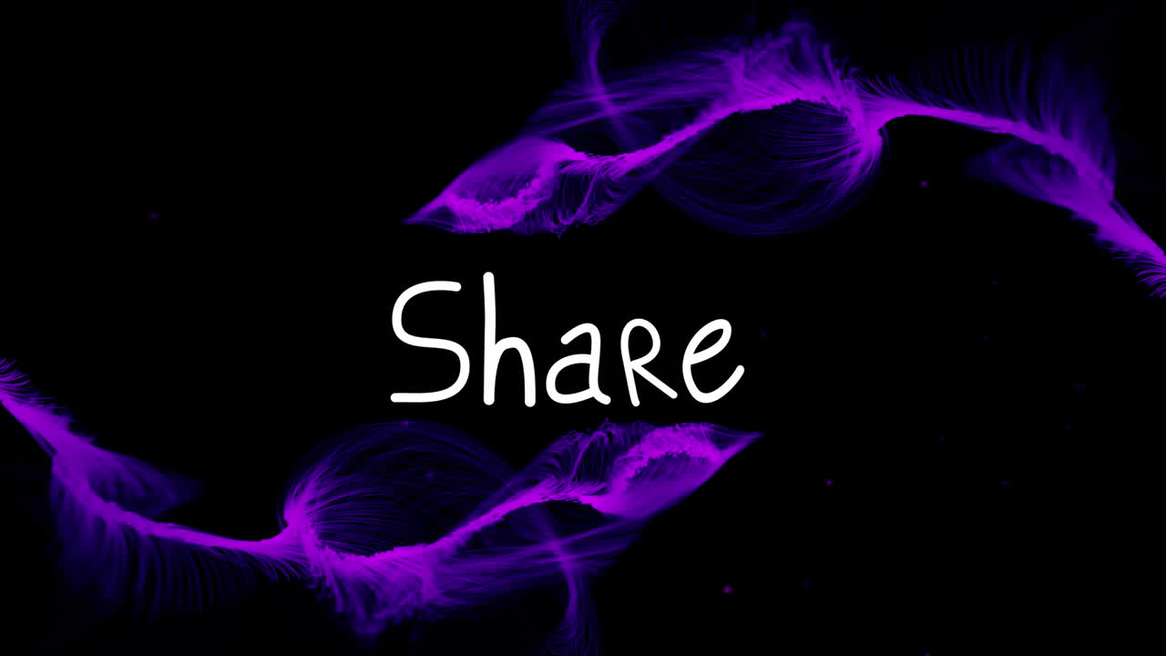 Animation of share text over purple shapes on black background