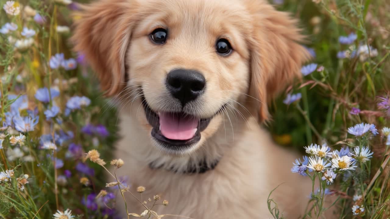 A joyful golden retriever puppy smiling among a colorful field of wildflowers, capturing the essence of innocence and happiness in a serene outdoor setting