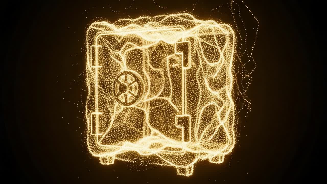 Illuminated Vault: A Stunning Visual Representation of Security and Wealth, Showcasing a Beautifully Rendered Safe Enveloped in Glowing Particles and Light Effects