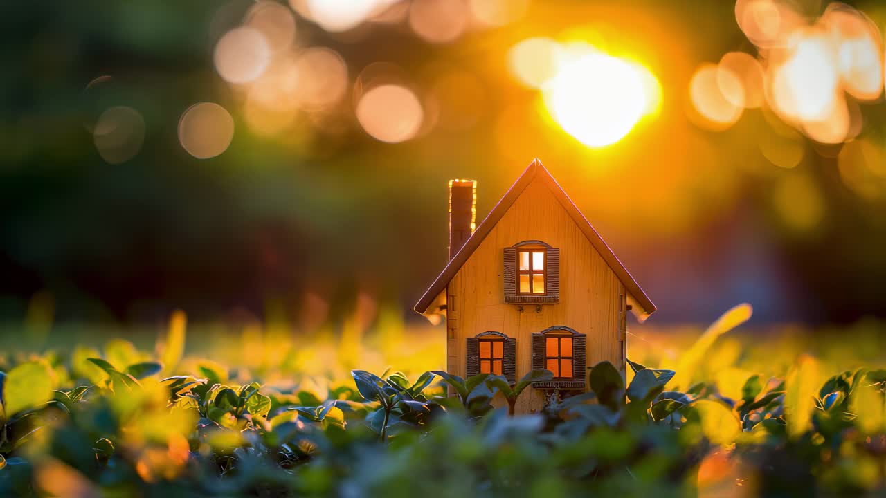 Golden sunlight softly bathing miniature wooden house nestled among verdant green foliage, radiating peaceful atmosphere of tranquil dwelling surrounded by lush garden landscape